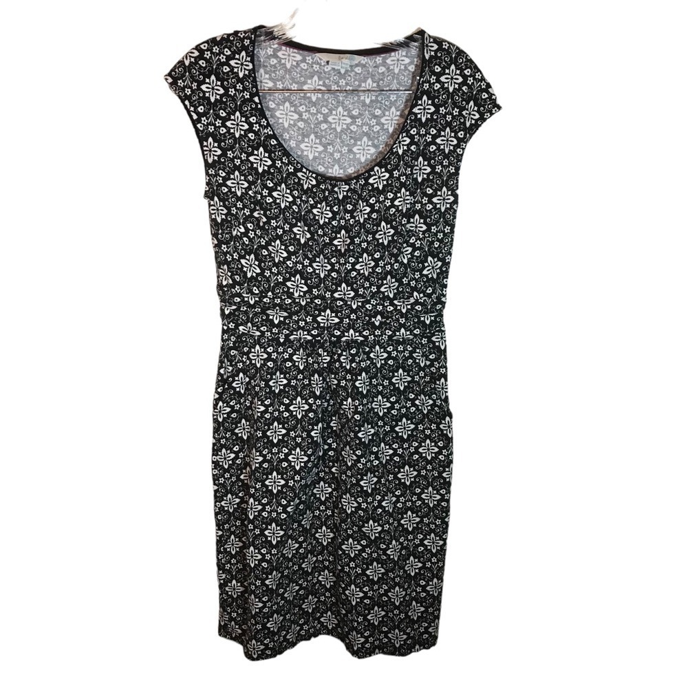 Boden cap sleeve dress women 6A floral cotton black white pockets summer